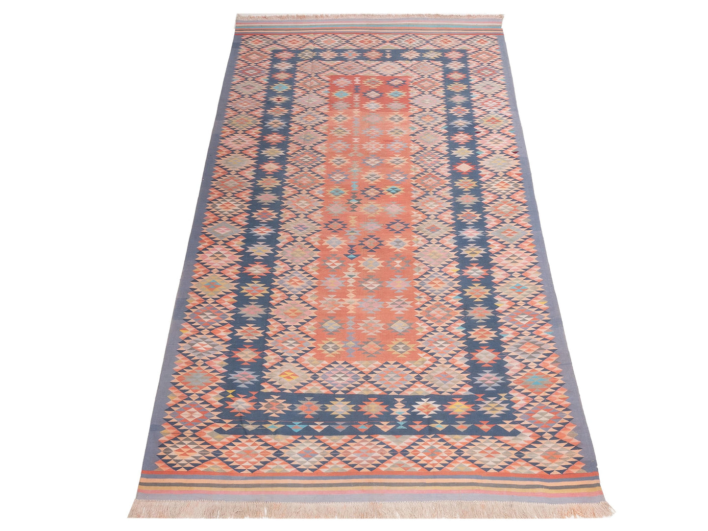 Old Afghan Dhurrie 904211 Blue Pink 9.4x13.3 Hand Woven Rug